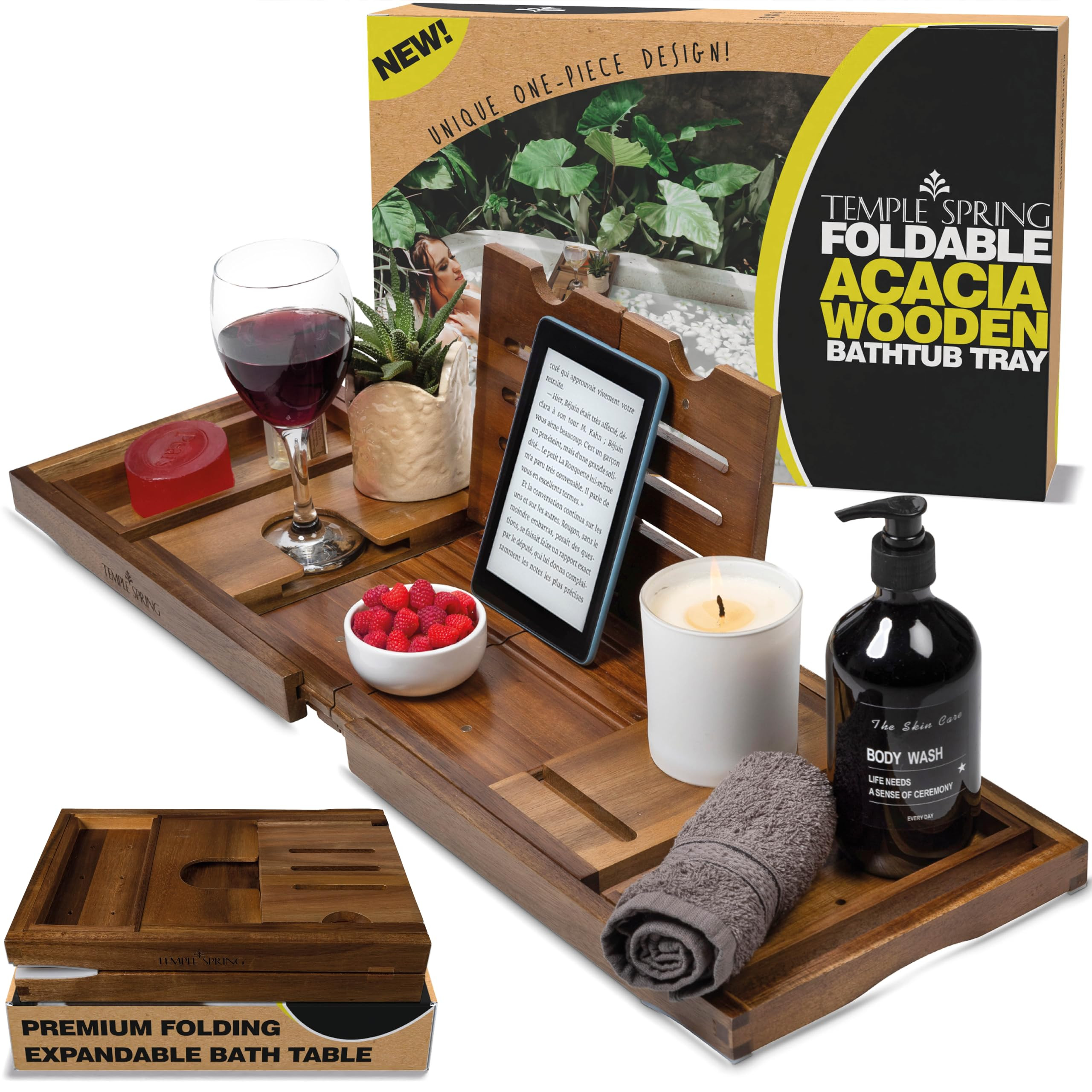 Temple Spring Foldable Bathtub Tray, Unique Design Selfcare Bathroom Caddy, Acacia Spa Bathroom T... | Amazon (US)