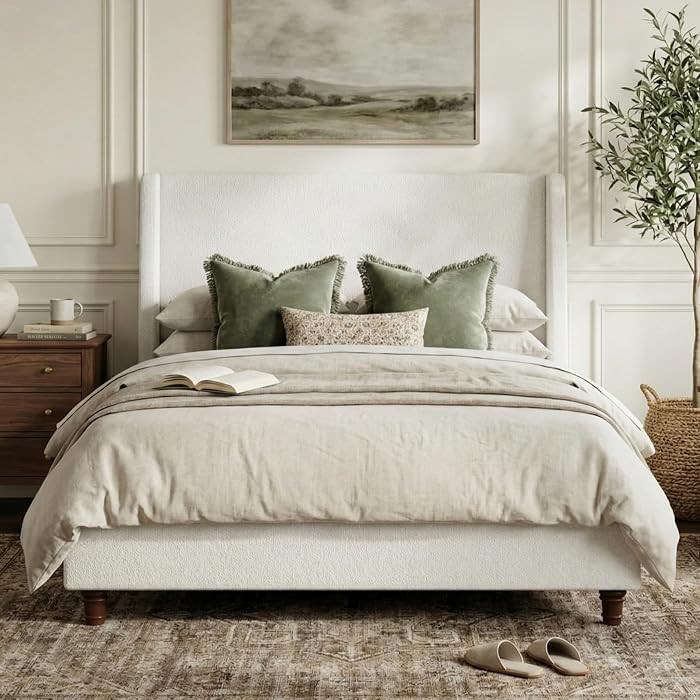 Merax Upholstered King Bed Frame with 52.7" Tall Wingback Headboard, Solid Wood Retro Legs, King ... | Amazon (CA)