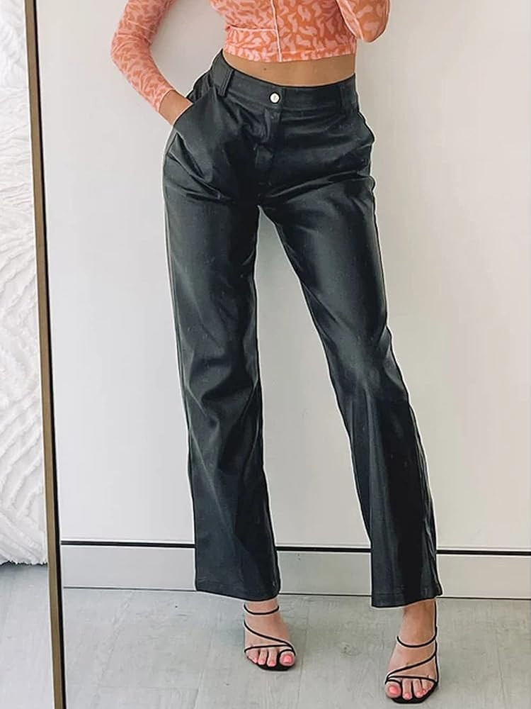GuliriFei Women´s Faux Leather Pants High Waist Straight Wide Leg Punk Solid Color Pu Pants with Poc | Amazon (US)