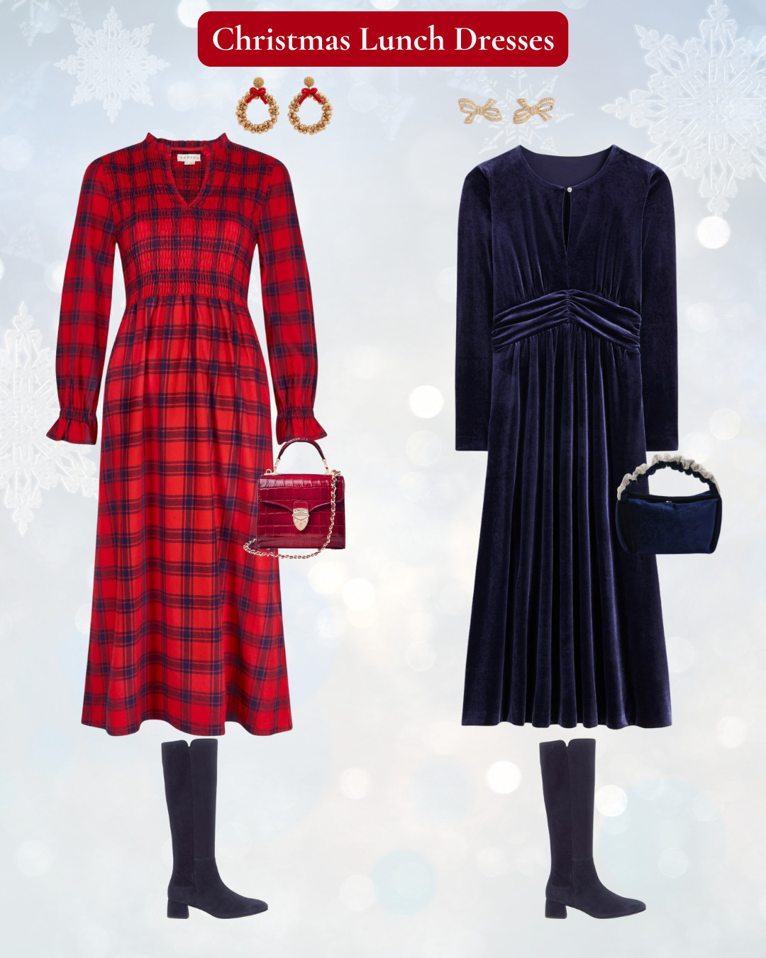Dresses for Christmas Day - Tartan and velvet with sparkly earrings, Festive without being over the top. 

 #LTKuk #LTKfestive #LTKover50style