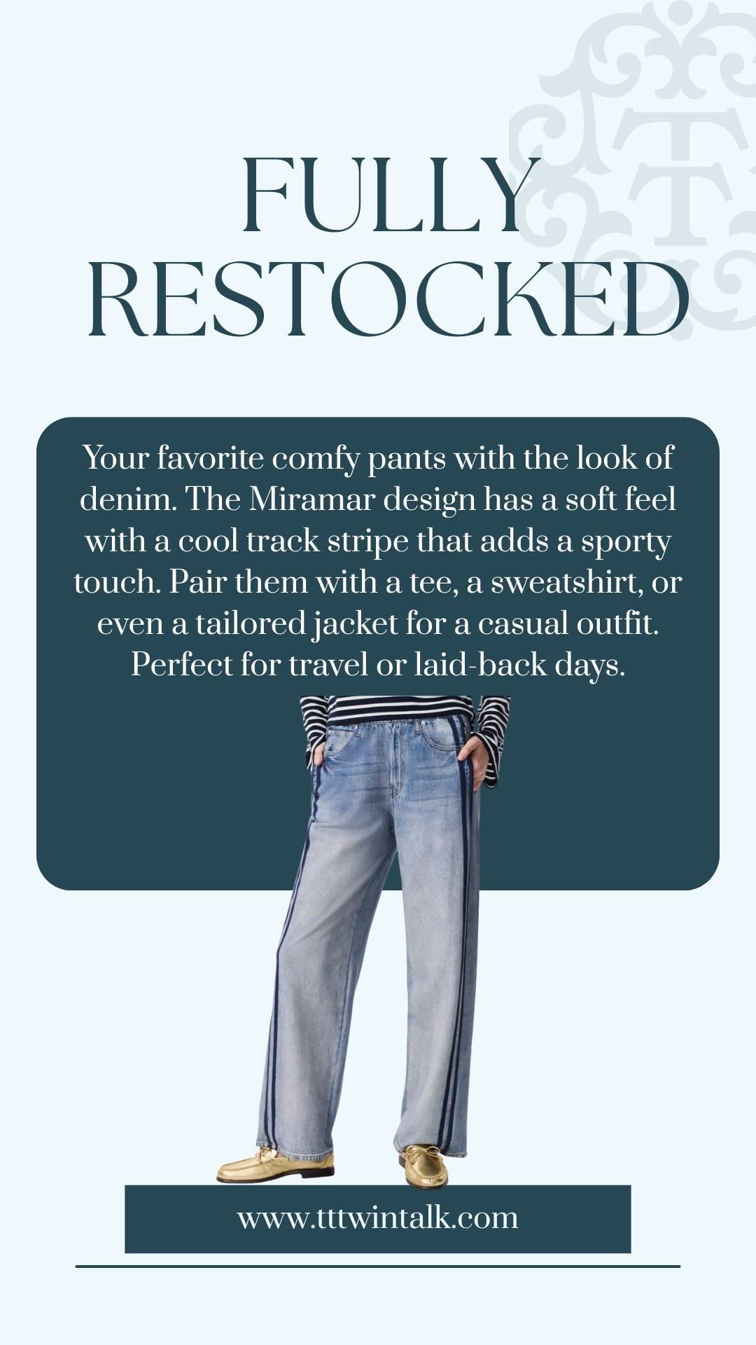 Your favorite comfy pants with the look of denim. The Miramar design has a soft feel with a cool track stripe that adds a sporty touch. Pair them with a tee, a sweatshirt, or even a tailored jacket for a casual outfit. Perfect for travel or laid-back days.

#LTKSeasonal #LTKOver40 #LTKMidsize