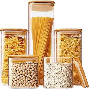 HomArtist Square Glass Jars with Bamboo Lids [Muti Size Set of 5], Glass Canisters with Airtight ... | Amazon (US)