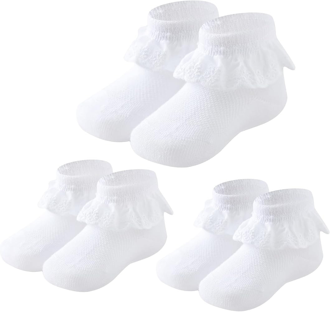 Baby Girls Socks Eyelet Ruffle Lace Frilly Dress Socks for Newborn Infant Toddler 3/6 Pairs | Amazon (US)