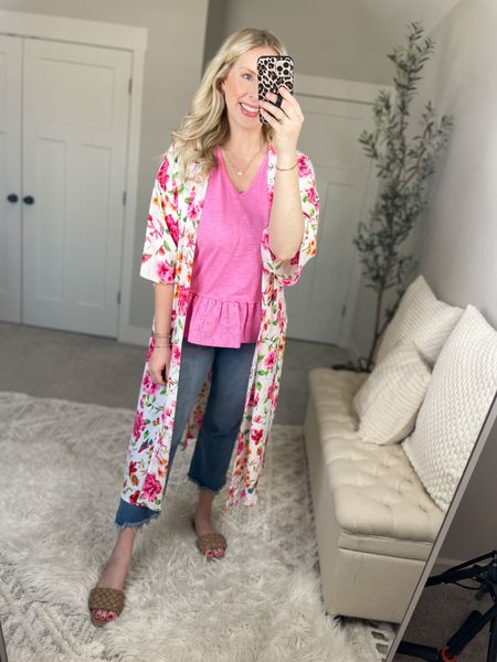 Daily try on, Walmart outfit, time and tru, peplum tank, floral kimono, spring outfit 

#LTKstyletip #LTKshoecrush #LTKunder50