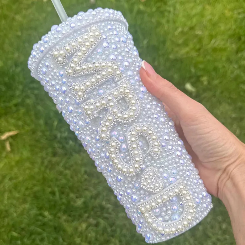 Personalised Bride Mrs Embellished Cold Drinking Cup | Tumbler Lid Straw | Hen Party | Wedding | ... | Etsy (US)