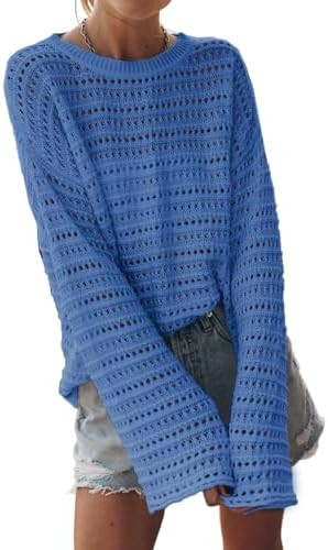 Sidefeel Womens Summer Sweaters 2026 Lightweight Casual Long Sleeve Crochet Tops Hollow Out Knit ... | Amazon (US)