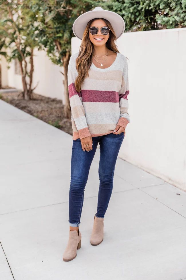 Warm Sunset Wishes Burgundy Striped Sweater | The Pink Lily Boutique