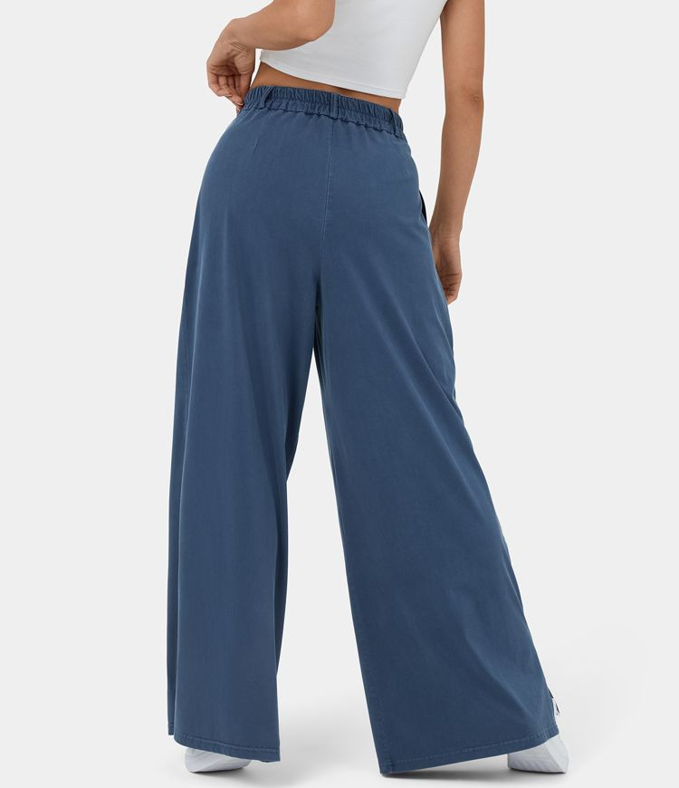 High Waisted Button Zipper Split Hem Wide Leg Casual Pants | HALARA