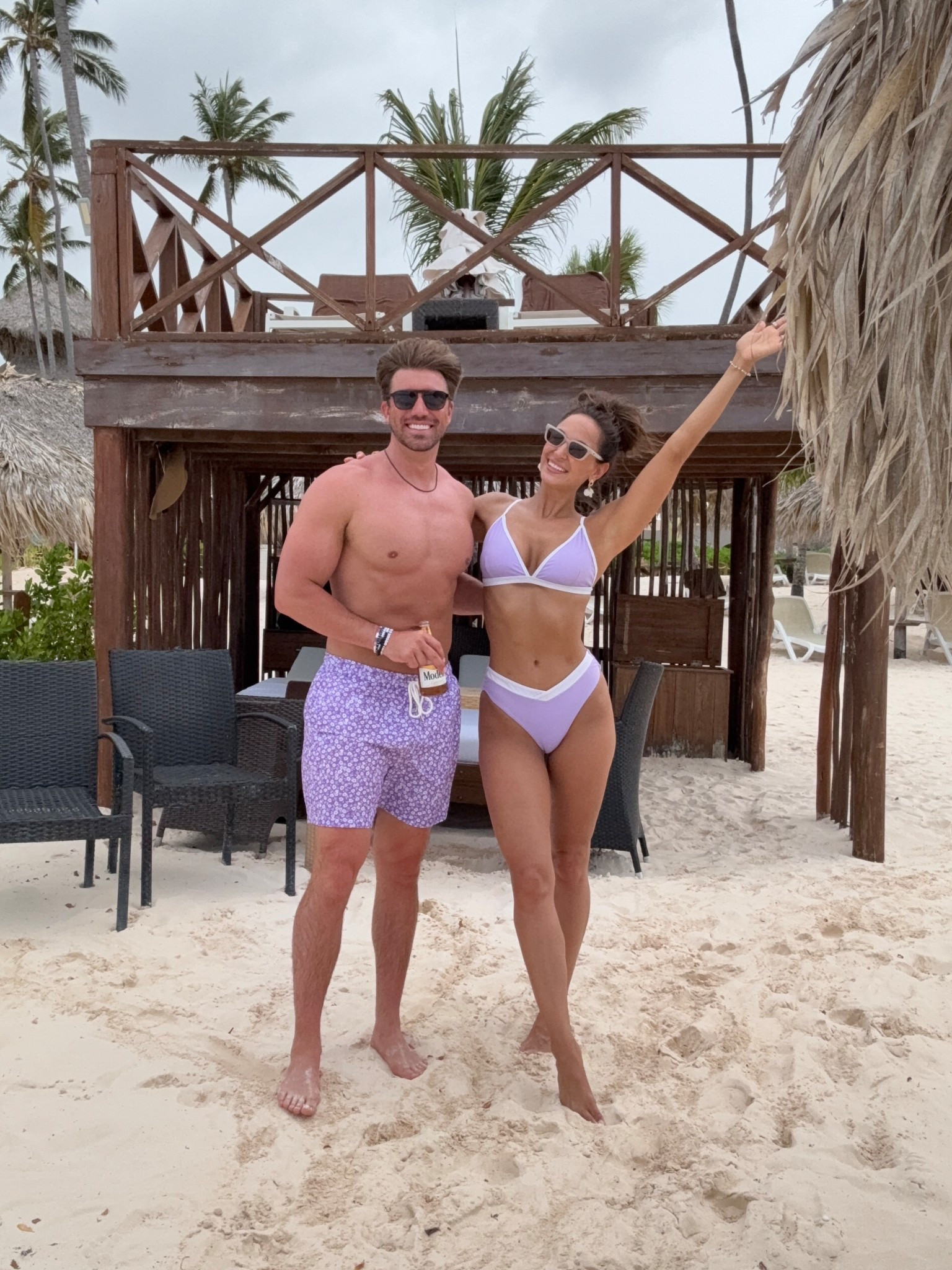 Matching couple swimsuits from Amazon! Lavender and white bikini and lavender and white swimming trunks #amazonfashion #amazonfind