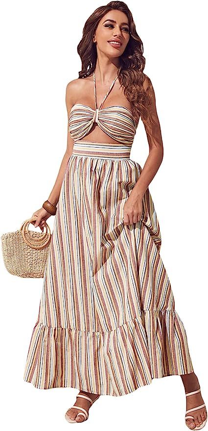 SheIn Women's Striped Cutout A Line Dress Sleeveless Ruffle Hem Halter Maxi Dresses | Amazon (US)