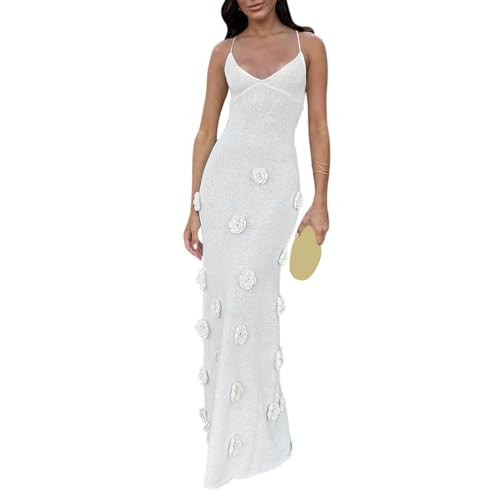 Women Crochet Knit Maxi Dress Y2K 3D Floral Bodycon Long Dress Spaghetti Strap Open Back Cami Dress Beachwear | Amazon (US)