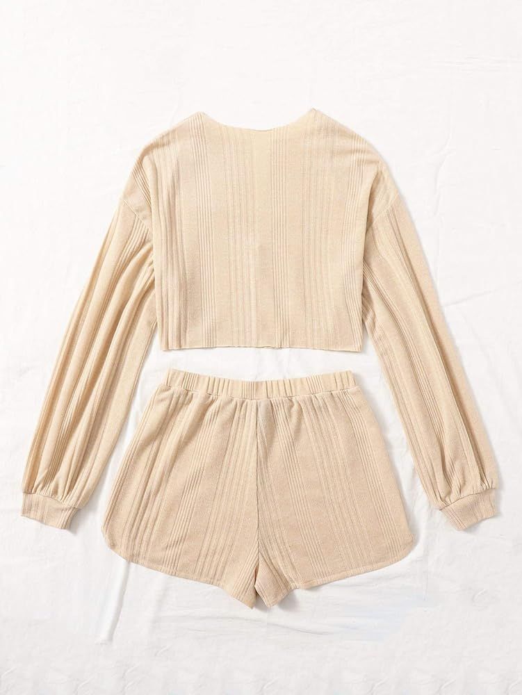 MakeMeChic Women's Solid Long Sleeve Crop Top & Drawstring Waist Shorts 2 Piece Set | Amazon (US)
