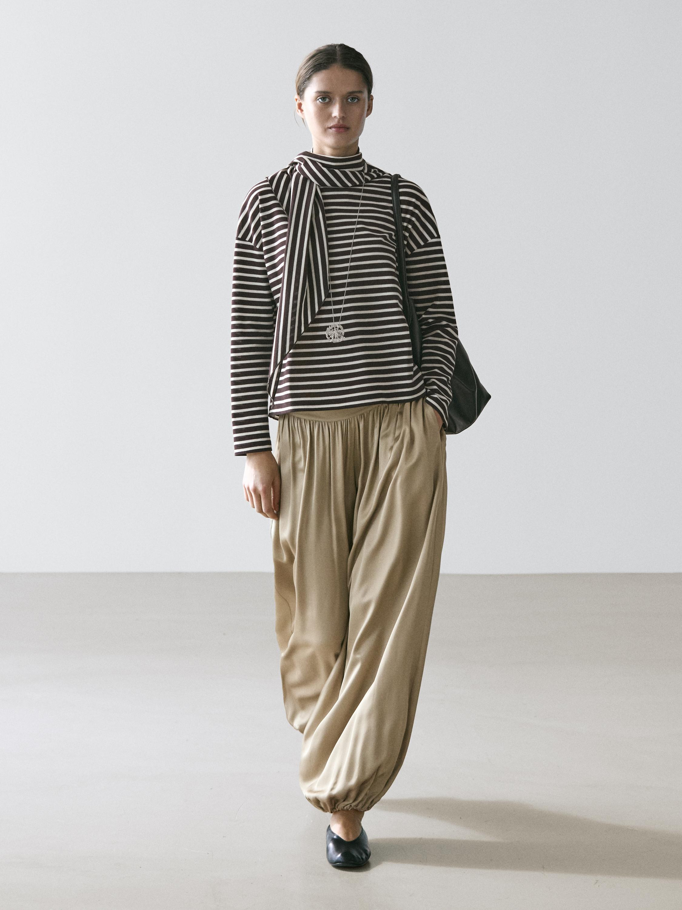 Cotton blend striped T-shirt with scarf detail | Massimo Dutti UK