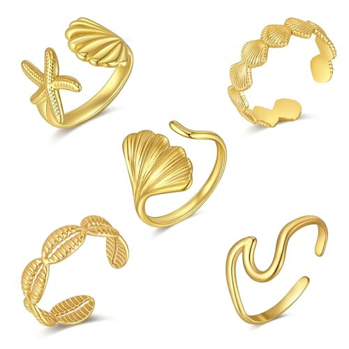 Plikin 5PCS Gold Seashell Rings for Women Beach Starfish Shell Stacking Rings Set Summer Jewelry Gift | Amazon (US)