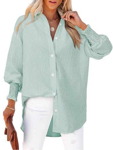 Green Button Down Shirt Women Loose Fitting Tops Collar Wrinkle Free Button Down Shirts Striped Smocked Cuffed Sleeve Shirt V Neck Blouses Juniors Y2KTrendy Dressy Work Tops Business Casual | Amazon (US)