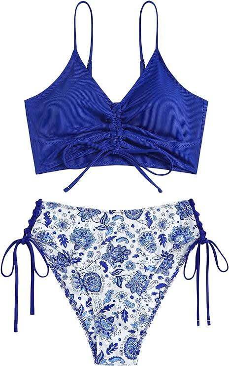 ZAFUL Women V Neck Bikini Set Ruched Tie Front High Waisted Floral Print Ribbed 2 Piece Bathing S... | Amazon (US)