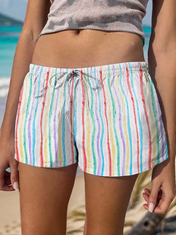 SHEIN EZwear Women's Seaside Vacation Outfit, Spring/Summer Striped Colorful Shorts | SHEIN