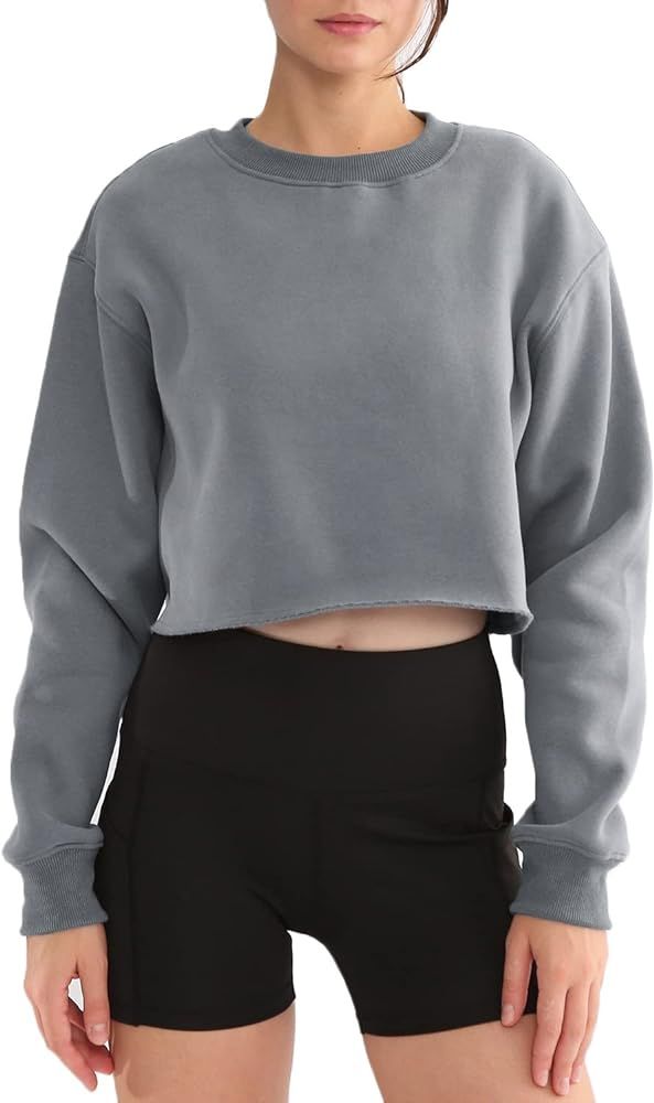 Women' s Pullover Cropped Sweatshirt Crew Neck Long Sleeve Fleece Crop Tops | Amazon (US)