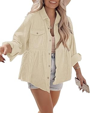 Womens Corduroy Peplum Shacket Jacket Long Sleeve Button Down Babydoll Shirts Oversized Casual Bl... | Amazon (US)