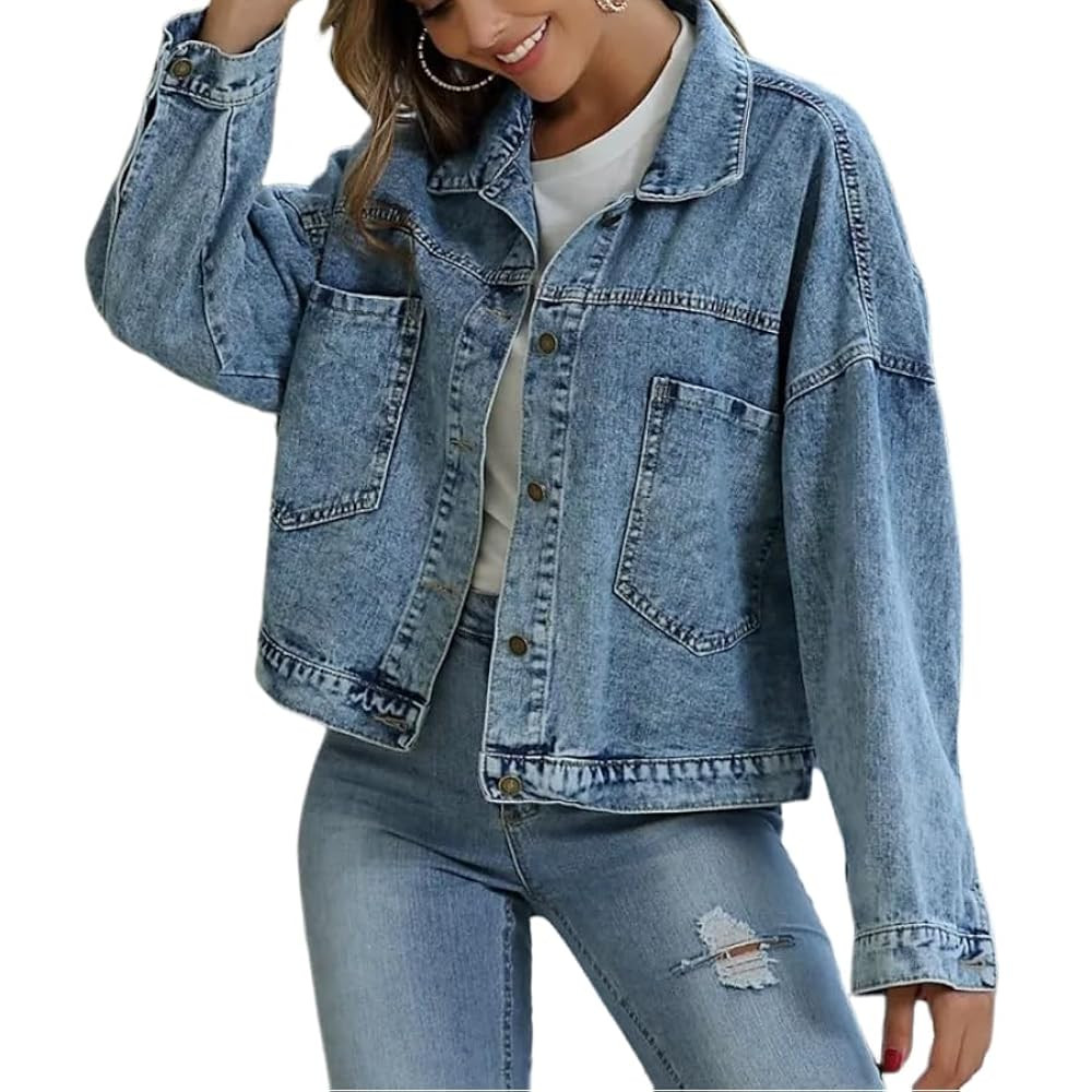 Women's Long Sleeve Oversized Denim Jacket Casual Loose Fit Jean Coat with Large Pockets | Amazon (US)