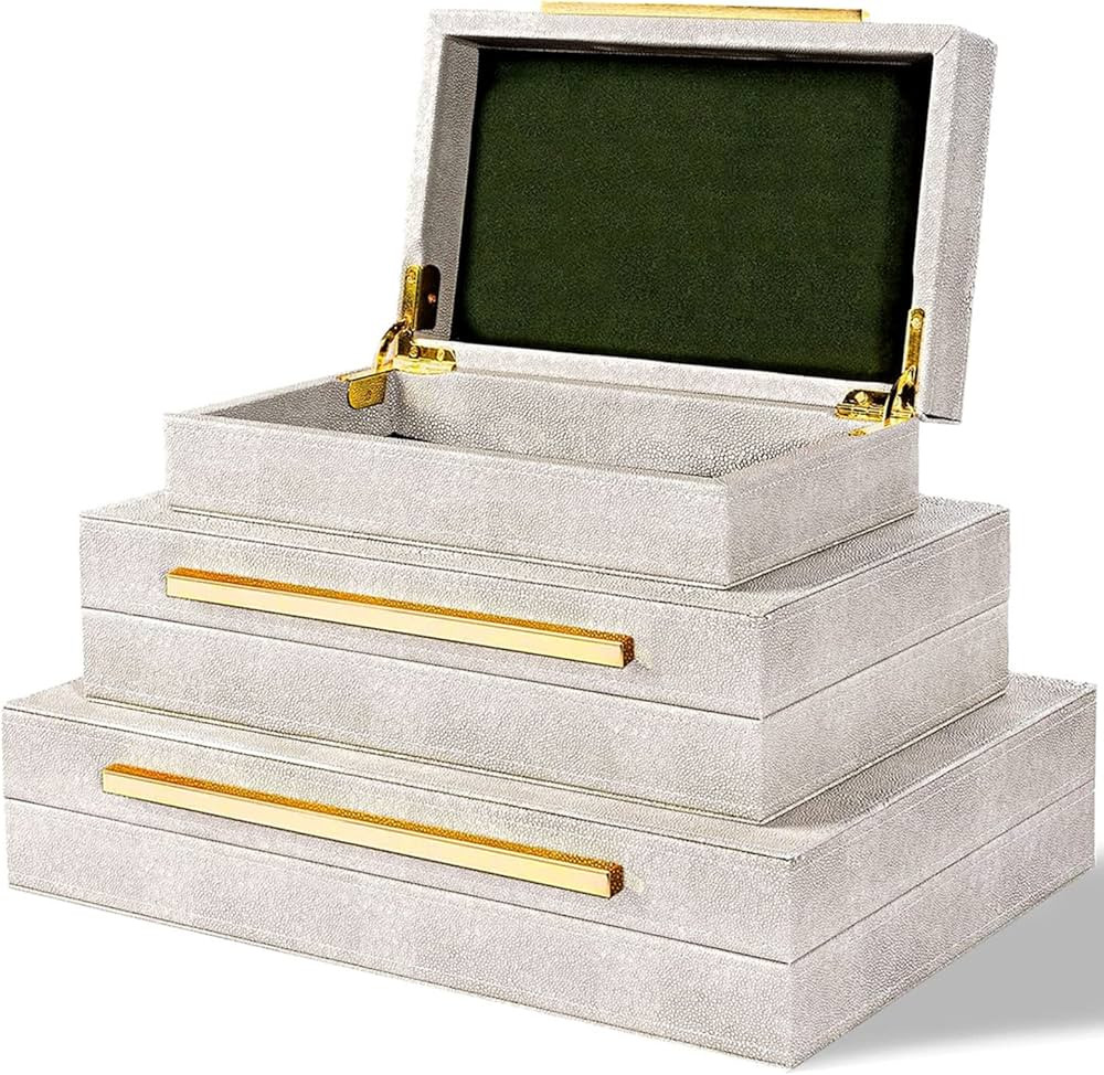 XINSTAR Faux Ivory Shagreen Leather Decorative Boxes,Decorative Storage Boxes With Lids 3 Pcs Set... | Amazon (US)