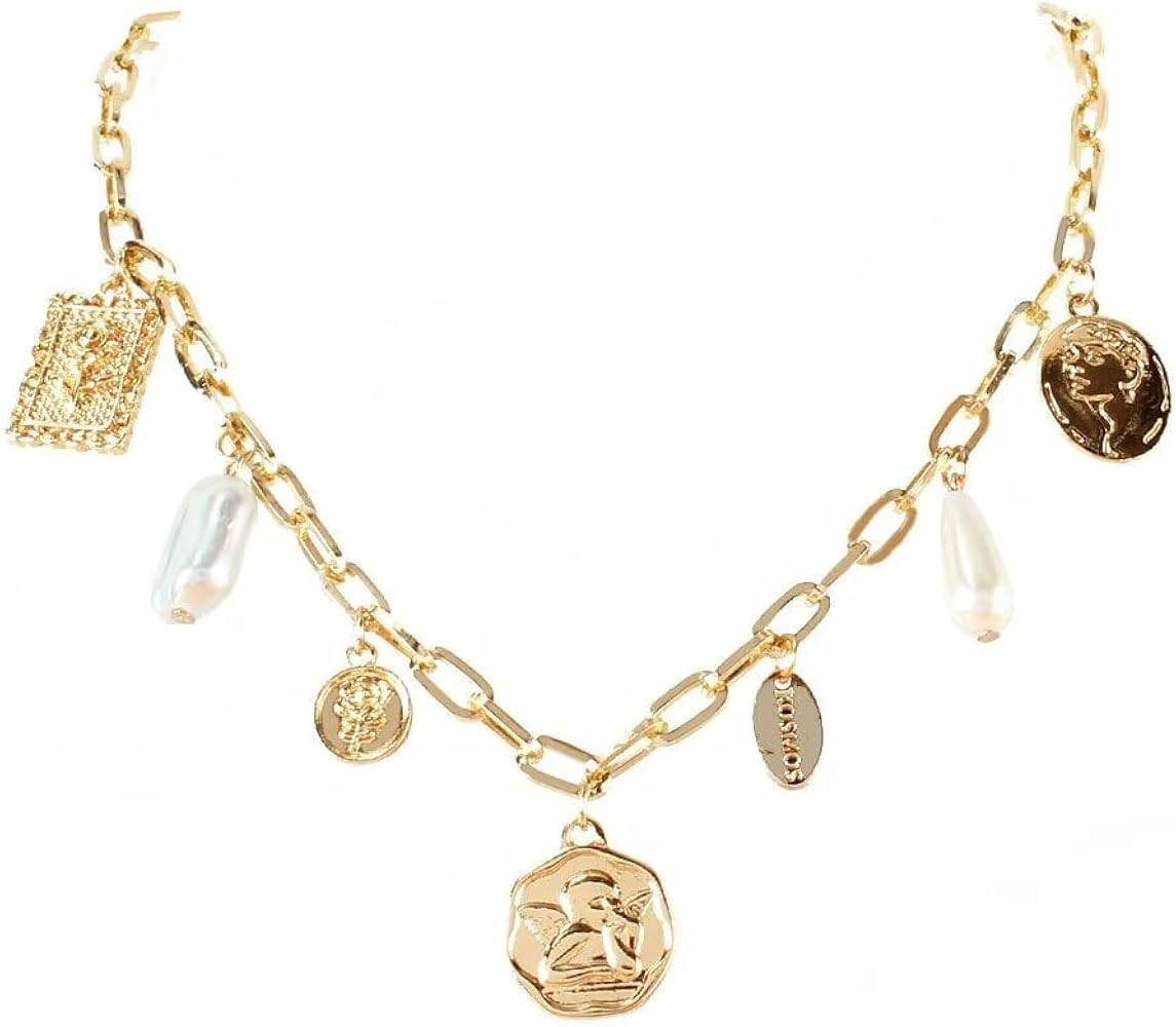 Gold Charm Necklace For Women White Faux Pearl Choker Necklace Vintage Gold Plated Head Portrait ... | Amazon (US)