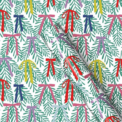 25 sq ft Metallic Greenery with Colorful Bows Christmas Gift Wrap White - Wondershop™ | Target