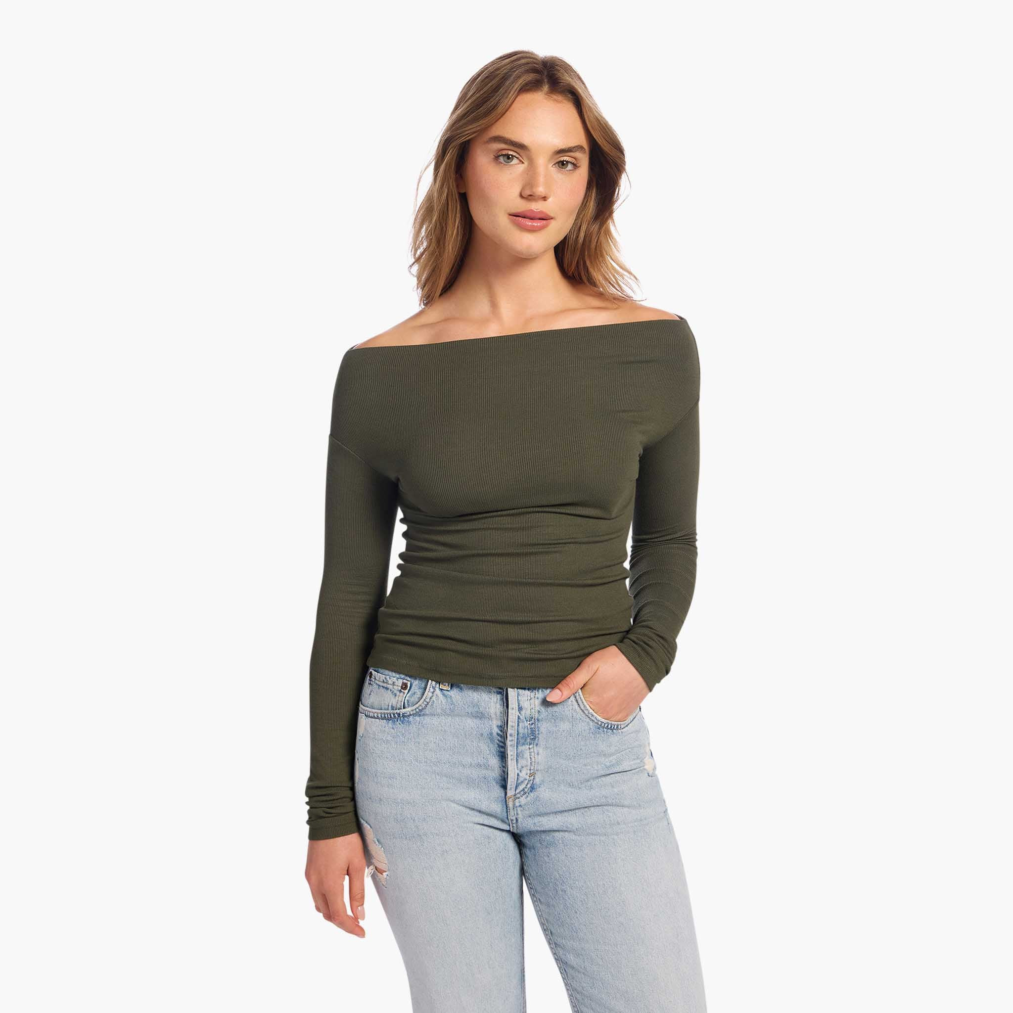 Slinky Rib Off-The-Shoulder Shirt | Darkest Olive | Nuuds US