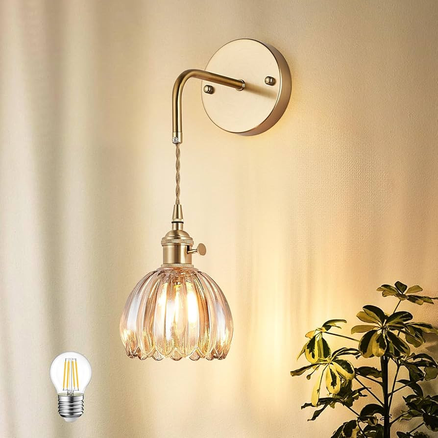 Vintage Wall Sconces with Cognac Tulip Glass Shade Brass Sconces Modern Wall Lighting Fixture wit... | Amazon (US)