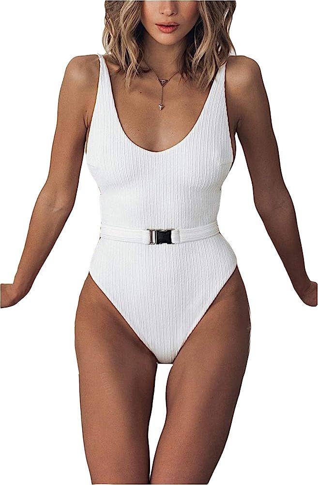 Sexy Womens Monokini Scoop Neck One Piece Backless Cheeky Swimwear Semi Thong Bikini with Belt | Amazon (US)