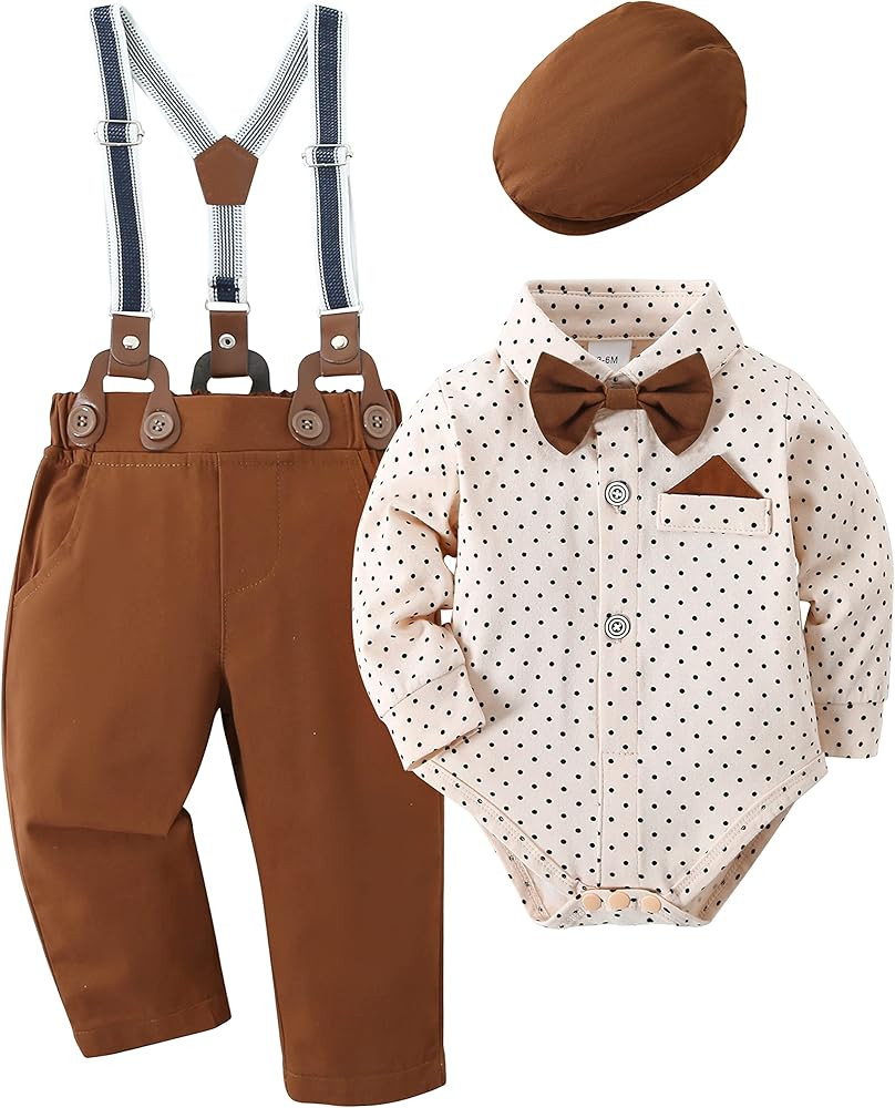 DISAUR Baby Boy Clothes Suits, Gentleman Outfit Dress Romper + Beret Hat + Suspender Pants + Bow ... | Amazon (US)
