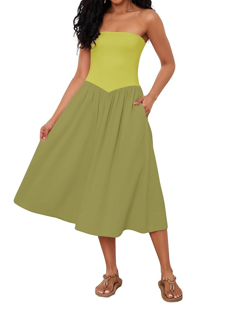 Livtany Women Off Shoulder Midi Dress Strapless Sleeveless Drop-Waist A Line Tube Dress Trendy Su... | Amazon (US)