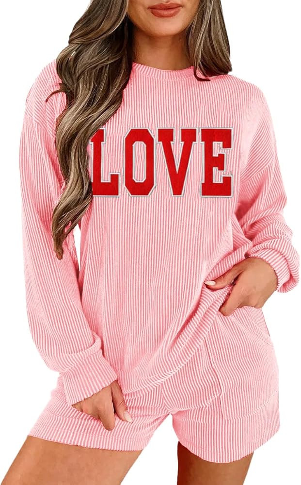 Womens Ribbed Pajama Sets Long Sleeve Top and Shorts Matching Lounge Set Loungewear Sweatsuit wit... | Amazon (US)