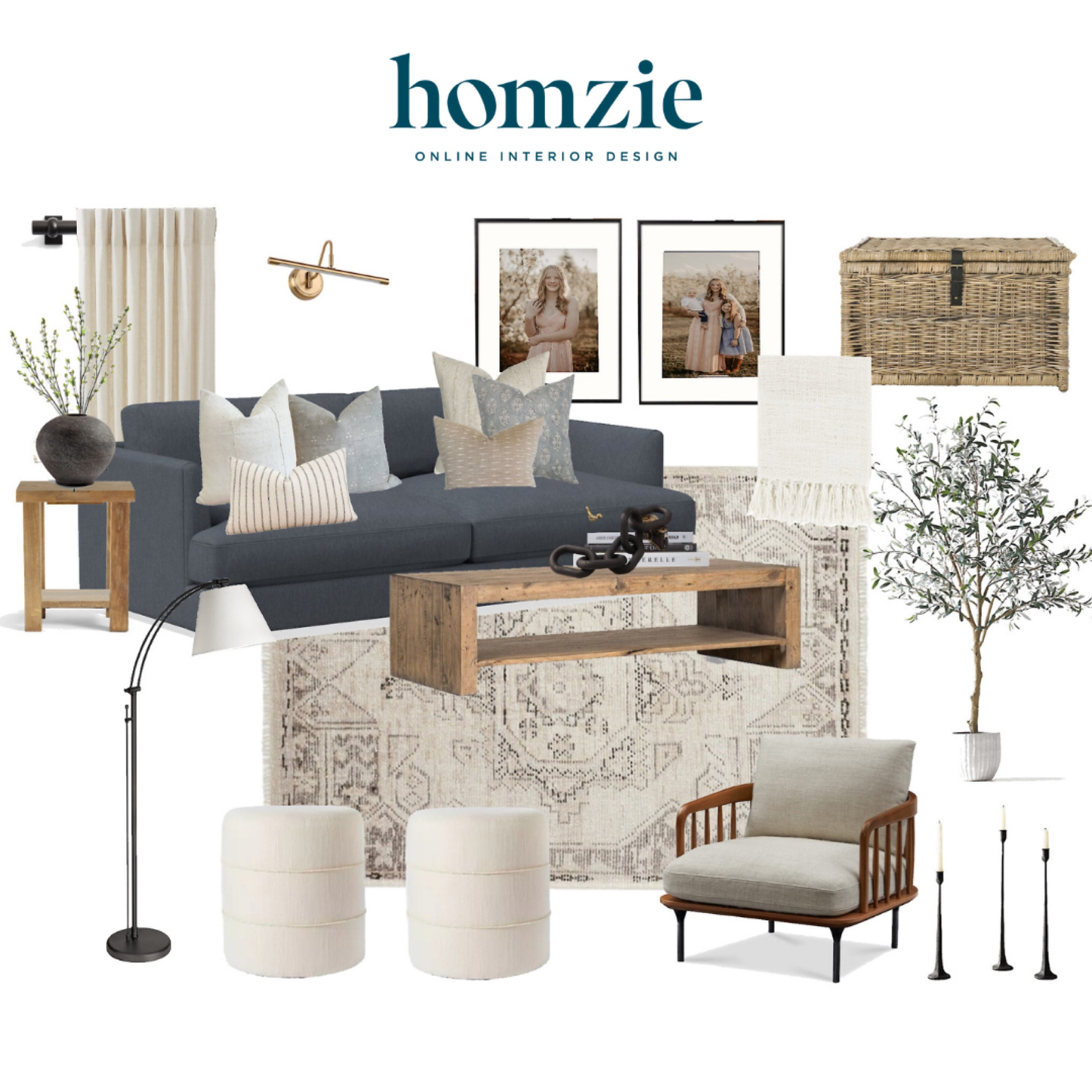 We loved designing this modern farmhouse living room our virtual interior design client. This space features a patterned grey multicolored area rug, a contrasting dark grey sofa, a rustic inspired coffee and side table, accent chair, ottomans and gallery frames  

Work 1:1 with a Homzie virtual interior designer for a low flat-rate and receive a custom, shoppable decorating plan! - all online.  Get started homziedesigns.com/work-with-us 
 

#LTKHome #LTKSaleAlert #LTKStyleTip