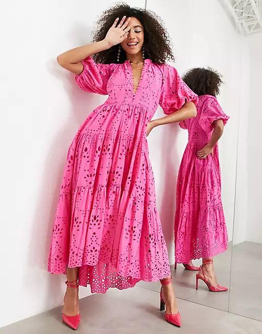 ASOS EDITION button front tiered broderie maxi dress in bright pink | ASOS (Global)