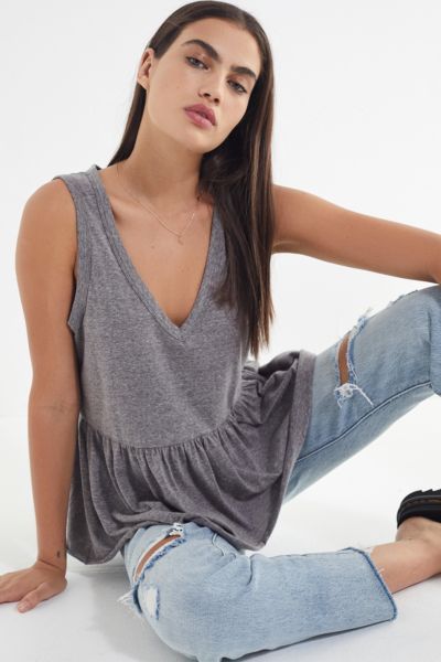 Truly Madly Deeply V-Neck Peplum Tank Top - Grey XS at Urban Outfitters | Urban Outfitters (US and RoW)
