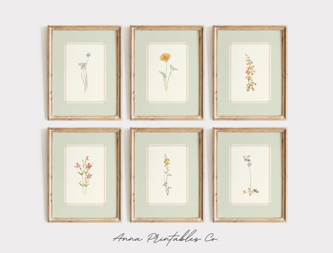 Mint Green Florals | Antique Botanical Set of 6 Prints for Digital Download | Vintage Floral Prin... | Etsy (US)