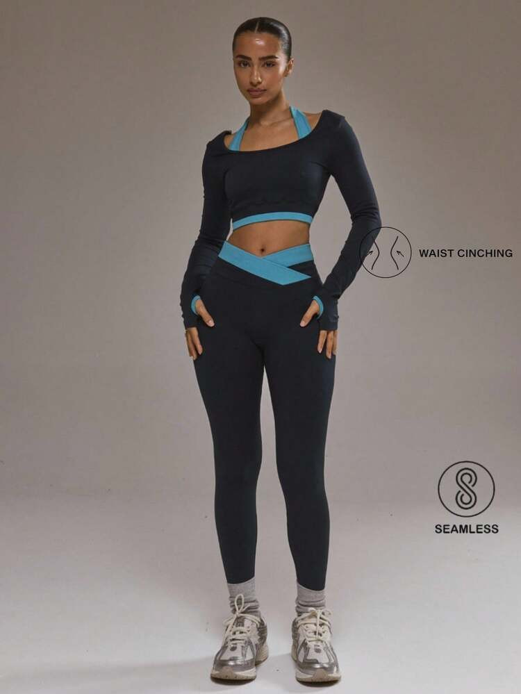 Musera Sport Dipped Contrast Waistband Leggings Bottom Only Padel Activewear Sport Gym Workout Yo... | SHEIN