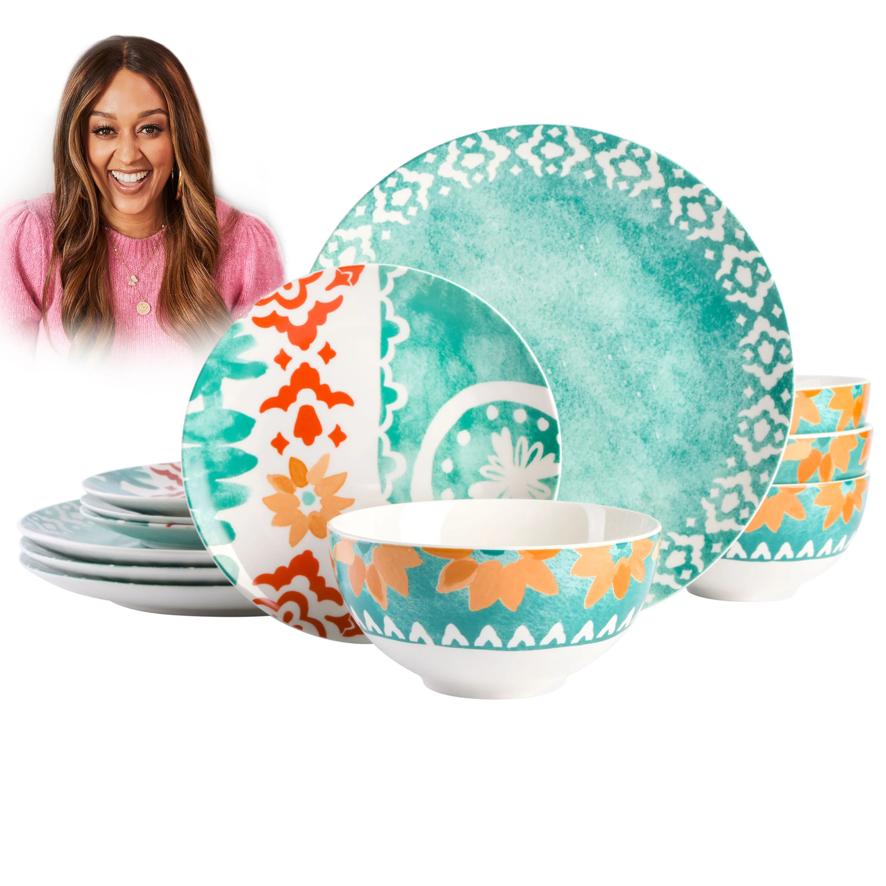 Spice By Tia Mowry - Savory Saffron 12-Piece Teal Fine Ceramic Dinnerware Set - Walmart.com | Walmart (US)