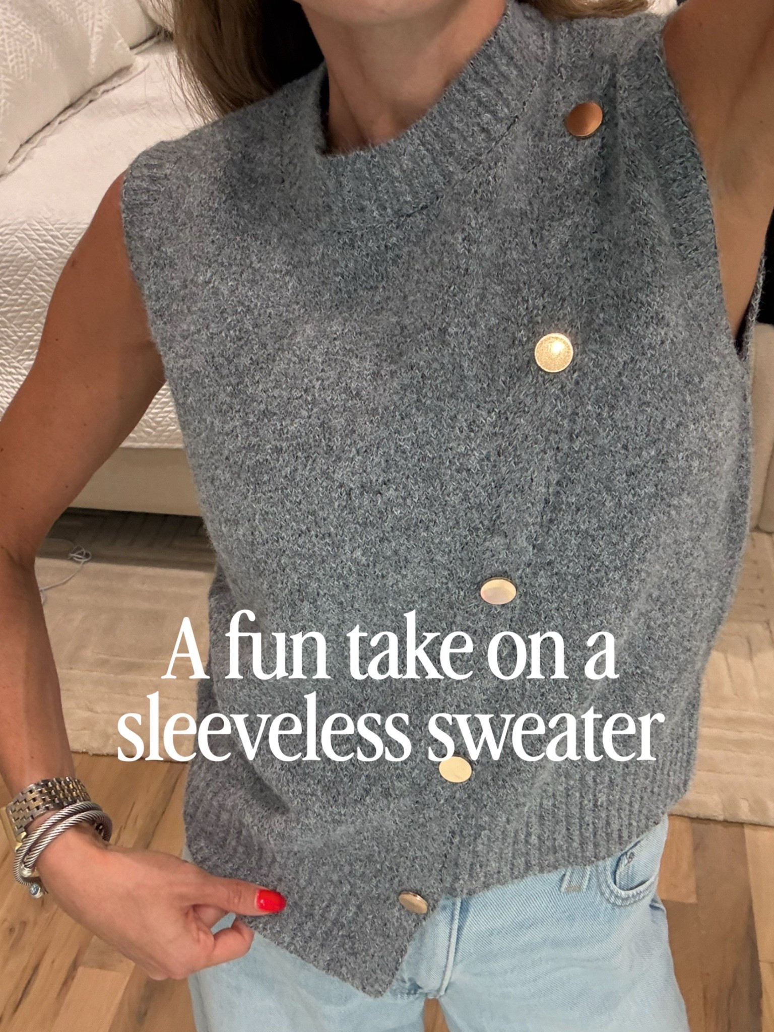 Sleeveless asymmetrical sweater top. Wearing smallest size code belbel15

#LTKPetite #LTKootd #LTKOver40