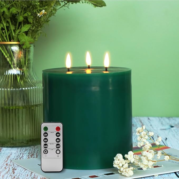 duduta 3 Wick Green Flameless Pillar Candles with Remote Timer, Real Wax 6" x 6" Flickering LED B... | Amazon (CA)