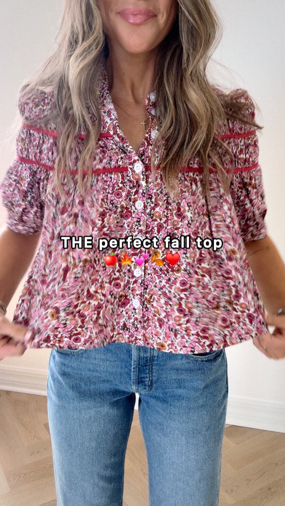 XS top - size down! 0 jeans - size down! Even the 0 is big on me… but I love the baggy fit to them.. if you want them more fitted, go down TWO. // cutest fall fit for us girlies in warm climates 💕🍎🍂🍁♥️ toss on a chunky cardigan to take it into cooler temps!! The print is stunning. You can dress this up for work sooo chic, or wear it dressed down casual for mom life w jeans and a ball cap like me today :) 

