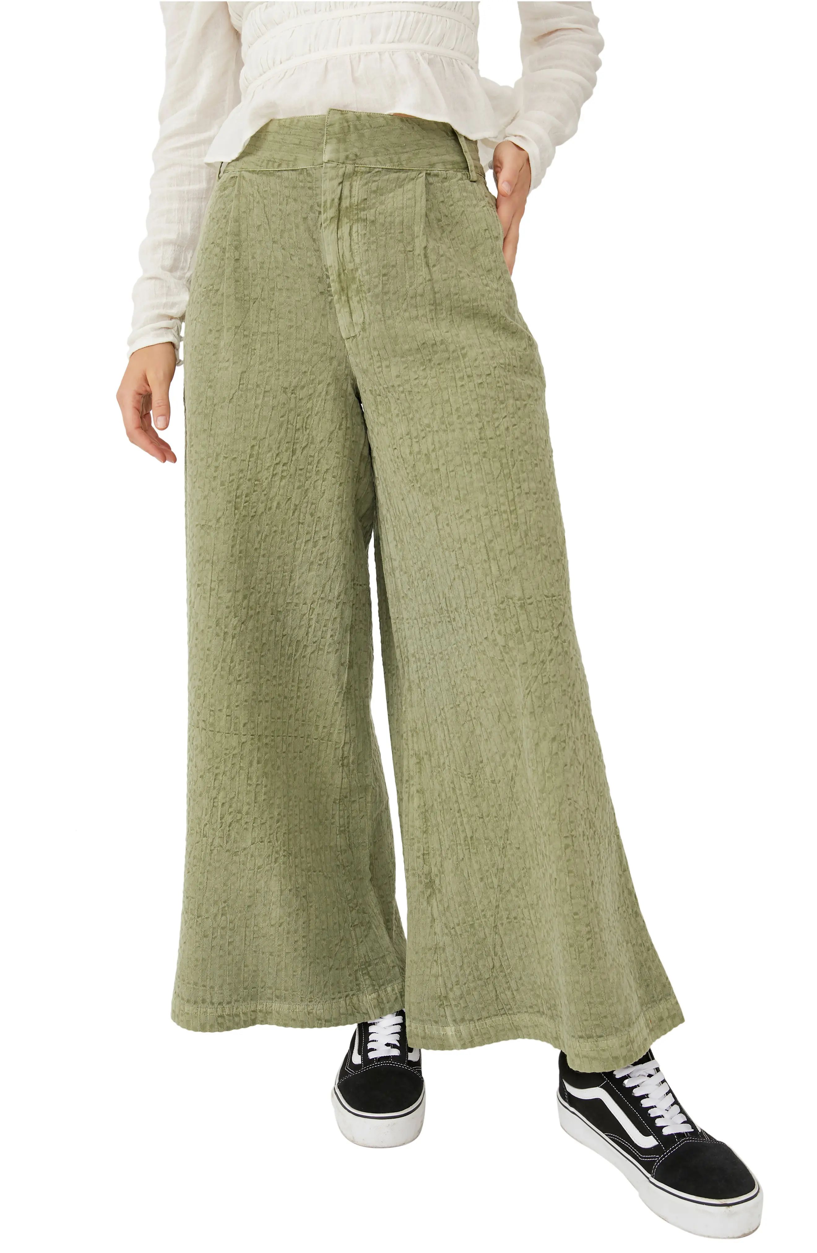 Free People Pieces of Us Cotton & Linen Wide Leg Trousers in Dried Herb at Nordstrom, Size 10 | Nordstrom