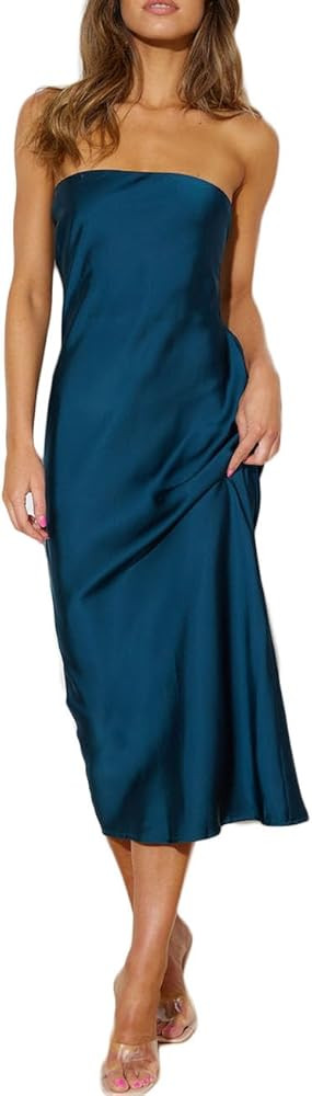 Summer Satin Strapless Backless Wedding Guest Midi Dress for Women Elegant Tube Top Sleeveless Ti... | Amazon (US)