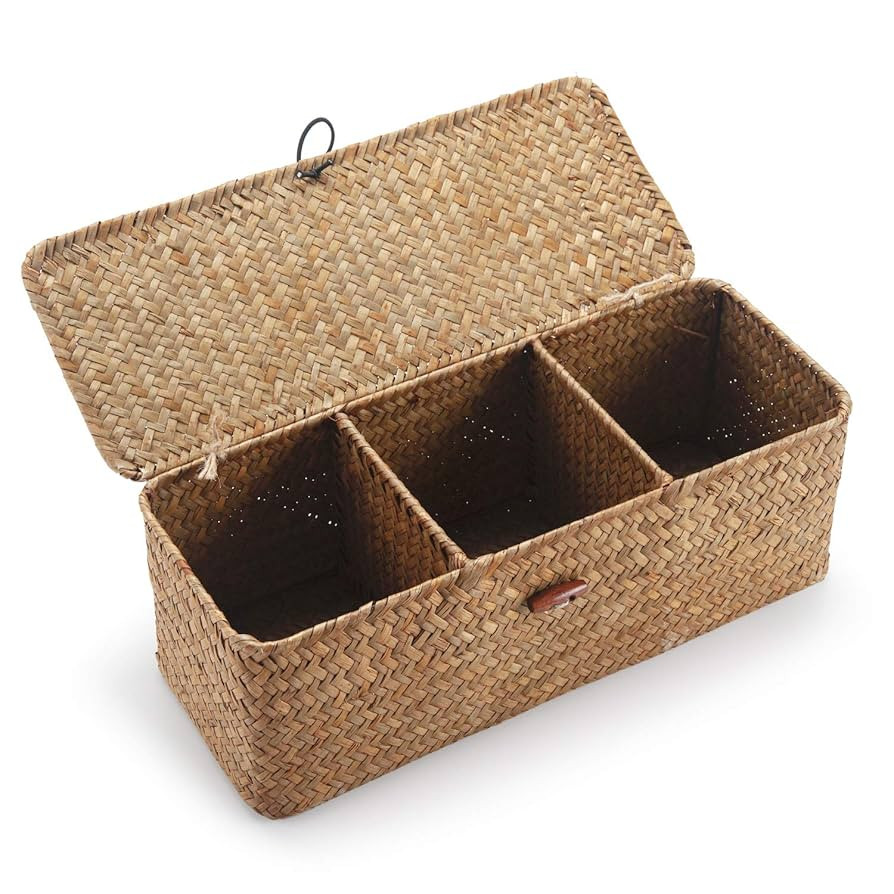 Seagrass Storage Basket with Lid Rectangular Small Woven Shelf Baskets with Sections for Organize... | Amazon (US)
