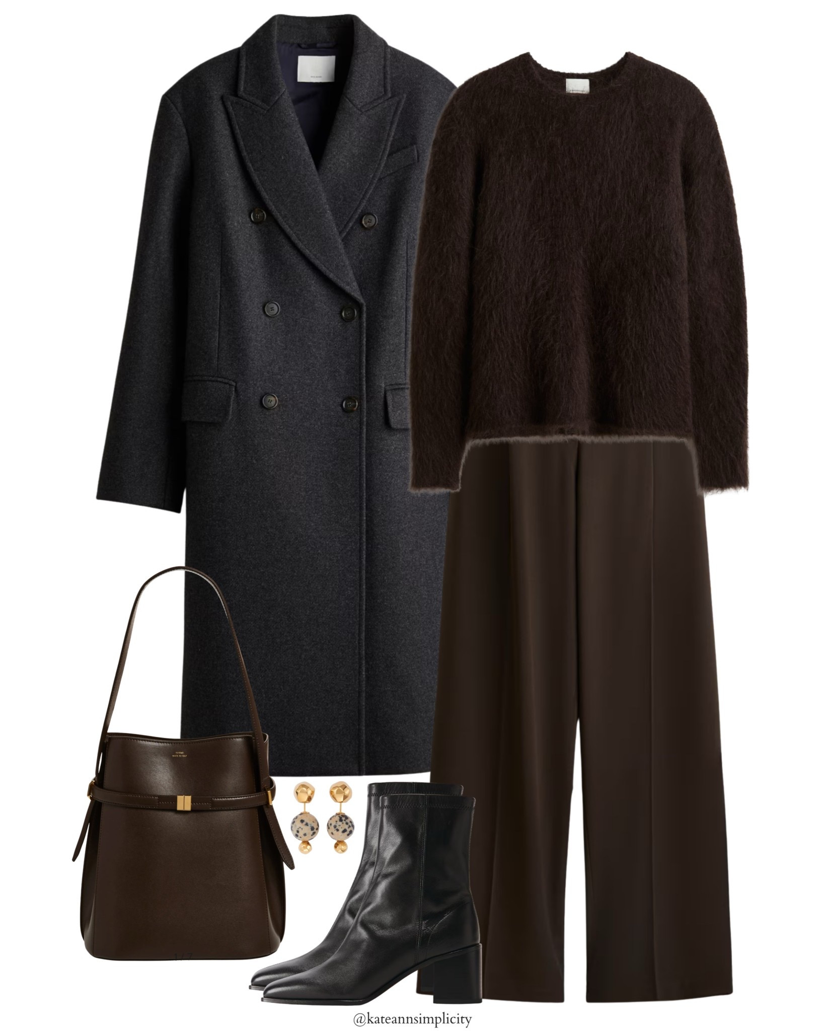 Minimalist Fall Capsule Wardrobe: Dark Chocolate & Charcoal Outfit Inspiration.
Elevated basics featuring a wool double-breasted coat, mohair sweater, wide-leg trousers, sleek black ankle boots, and a structured leather bag.
A timeless, chic neutral look perfect for autumn workwear, everyday elegance, and classic minimalist style.

#LTKCyberWeek #LTKSeasonal #LTKFindsUnder50