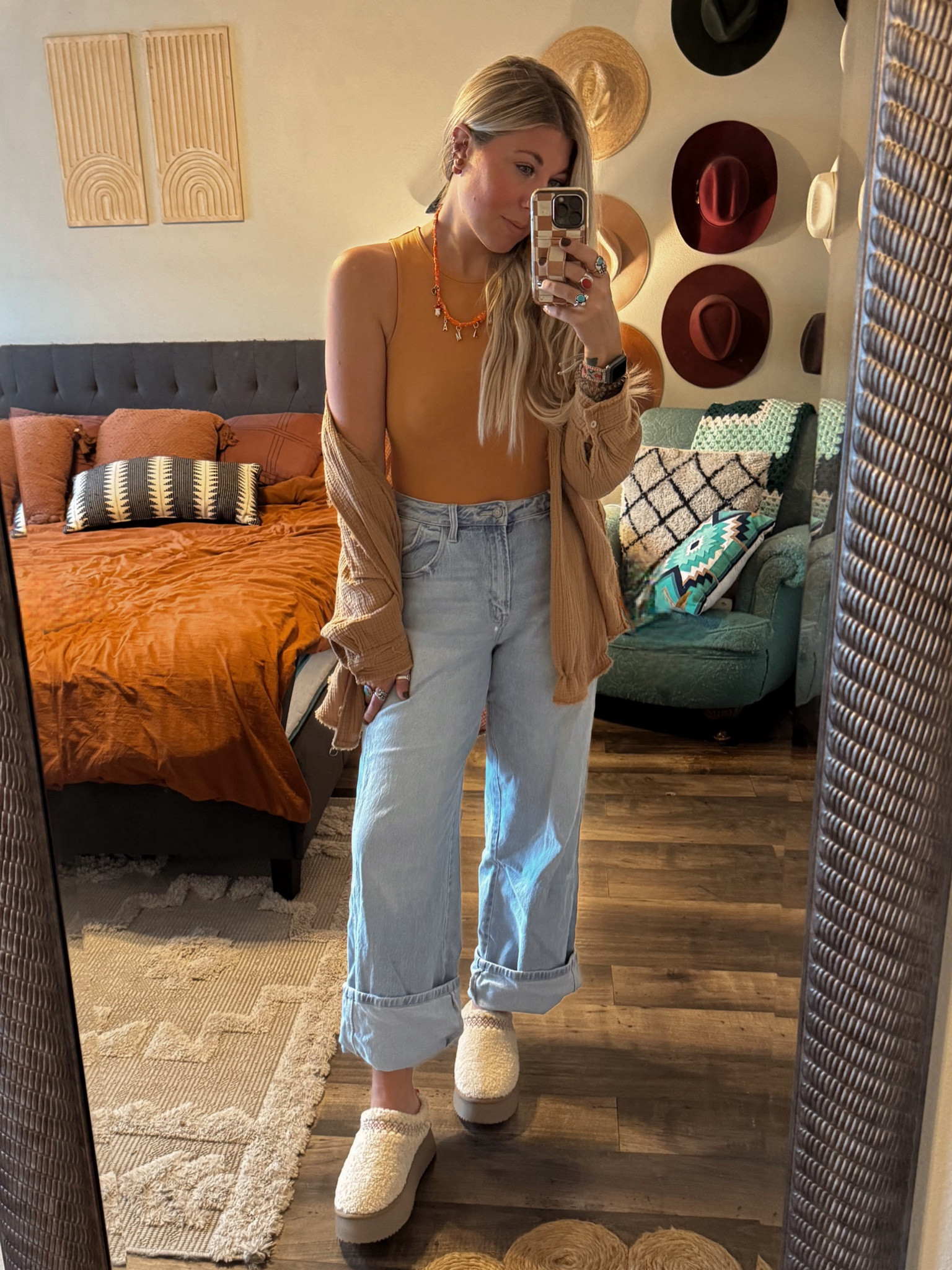 Fall outfit 🍁 #falloutfit #bodysuit #amazonfinds #amazonfallfashion #widelegjeans #sherpaslippers #cuffedjeans 

#LTKSeasonal #LTKHalloween #LTKFallSale