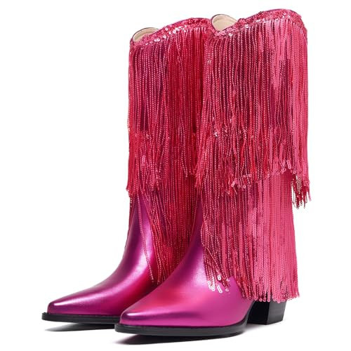 Fringe Boots Sparkly Boots Hot Pink Cowboy Boots Glitter Boots Sequin Boots Hot Pink Boots Hot Pink Cowgirl Boots Mid Calf Sparkle Boots Metallic Cowboy Boots Fringe Cowboy Boots Hot Pink Size 6 | Amazon (US)