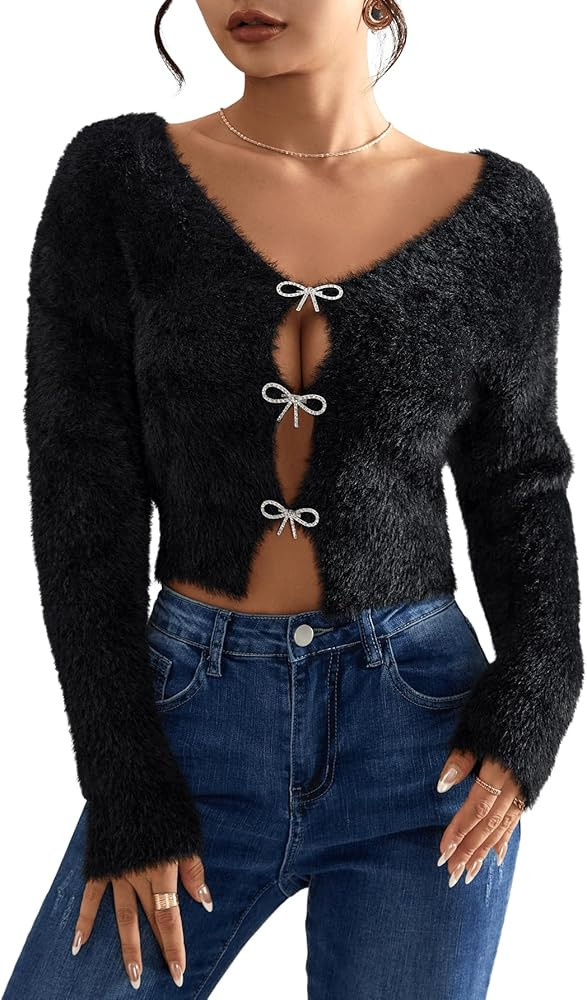 Verdusa Women's Rhinestone Bow Fluffy Long Sleeve V Neck Crop Cardigan Sweater | Amazon (US)