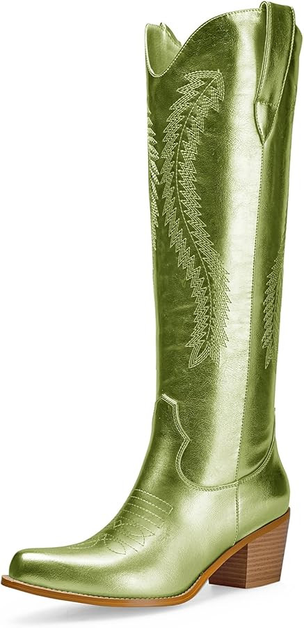 Mid Calf Metallic Cowboy Boots For Women Glitter Western Embroidered Cowgirl Boots Wide Calf Chun... | Amazon (US)